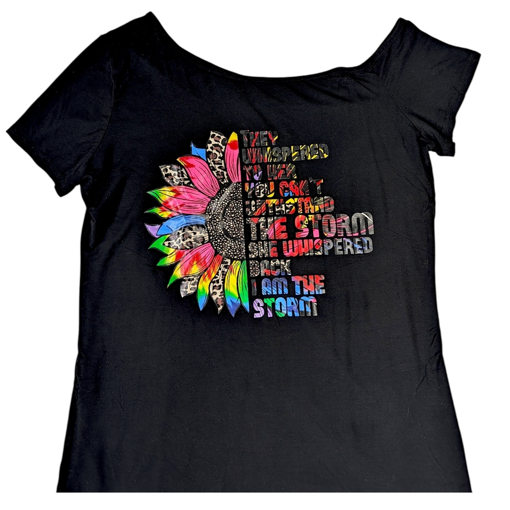 MagicMK I am the Storm Large Black T-Shirt Rayon Tee Asymmetrical Sleeves Womens
